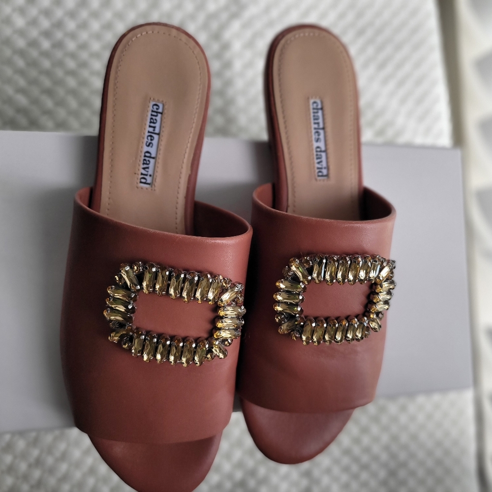 Charles David Mauve Mules with Gold Accents